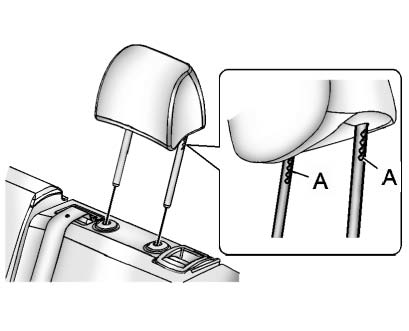 1. Insert the head restraint posts into the holes in the top of the seatback. The notches (A) on the posts must face the driver side of the vehicle.