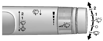 The windshield wiper lever is on the side of the steering column. With the ignition in ACC/ ACCESSORY or ON/RUN, move the windshield wiper lever to select the wiper speed.