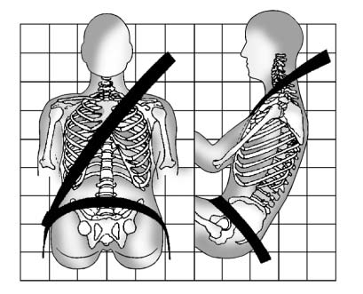 Sit up straight and always keep your feet on the floor in front of you. The lap part of the belt should be worn low and snug on the hips, just touching the thighs. In a crash, this applies force to the strong pelvic