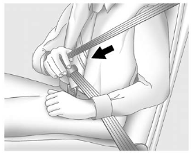 2. Pick up the latch plate and pull the belt across you. Do not let it get twisted.