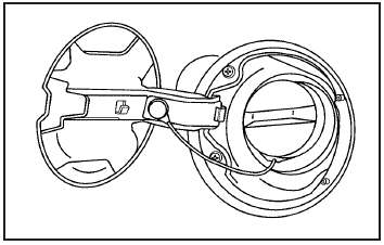 The tethered fuel cap is located behind a hinged fuel